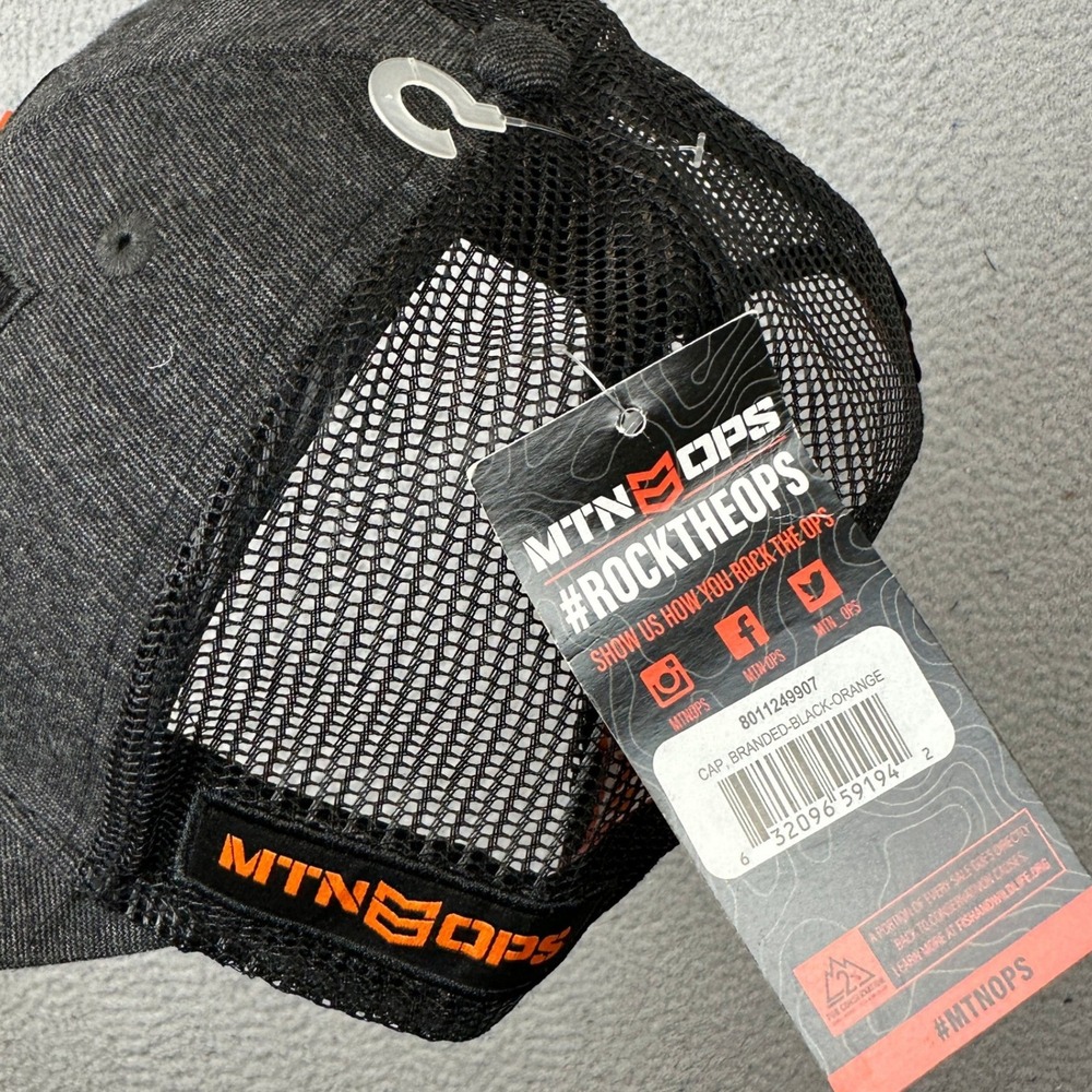 NEW MTN OPS Trucker Hat Mens OSFA Black Orange Rubber Logo Snapback Mesh Back